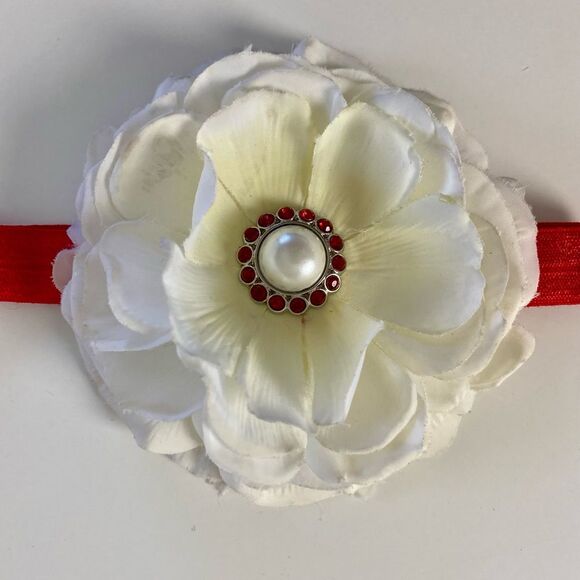 Christmas White Flower Headband Red Rhinestone Pearl Center Holiday Girls Baby - Picture 5 of 7